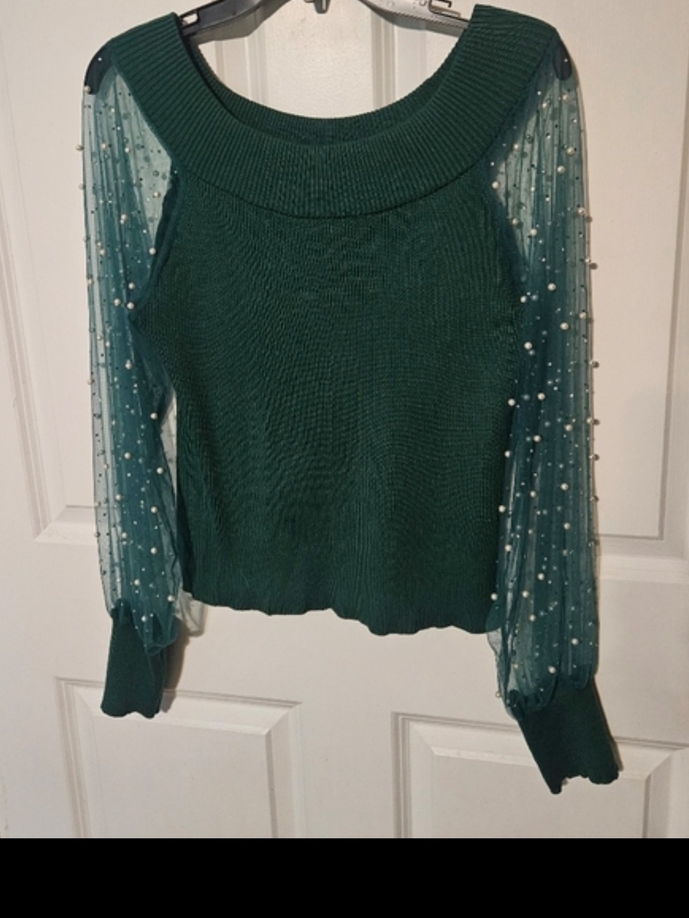 Cato Emerald Green Pearl-Accent Sheer Sleeve Sweater